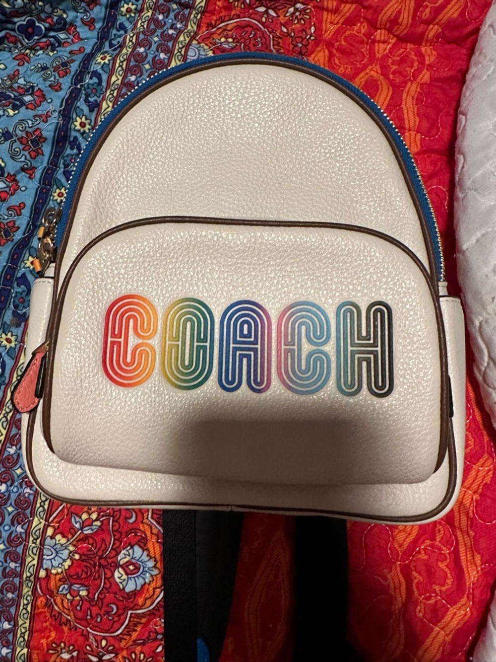 Coach Cream Pebbled Leather Backpack with Rainbow Logo